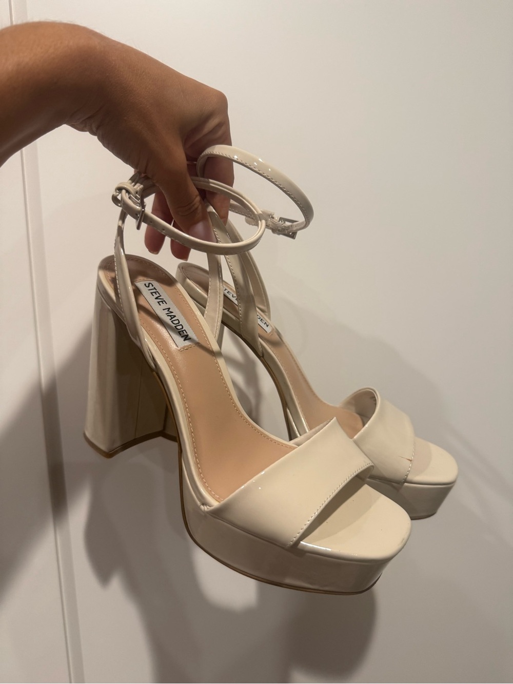 Steve Madden Ivory Patent Platform Sandals with Ankle Strap